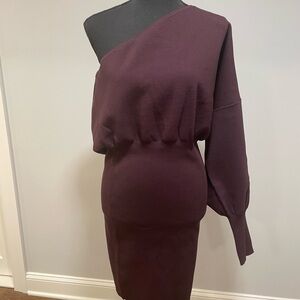 New One shoulder long sleeve Burgundy sweater dress